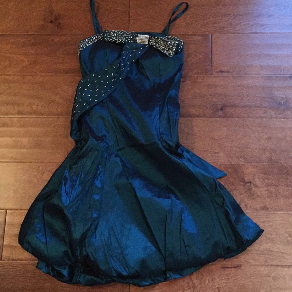 Beautiful bow and silver beads detailed teal Dress